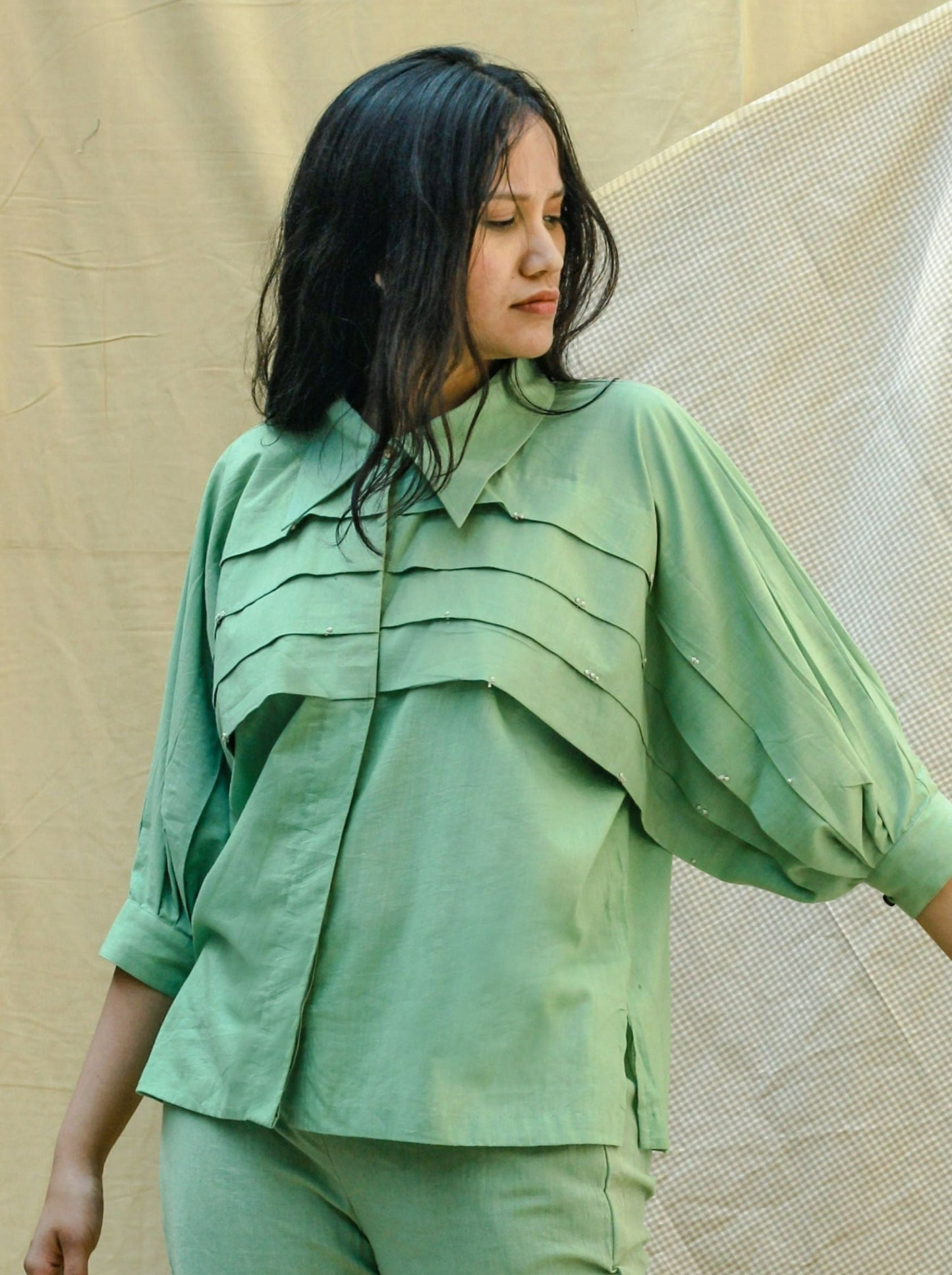 Green Cotton Shirt Casual Wear, Echo, Green, Hand Spun Cotton, Regular Fit, Shirts, Solids Kamakhyaa