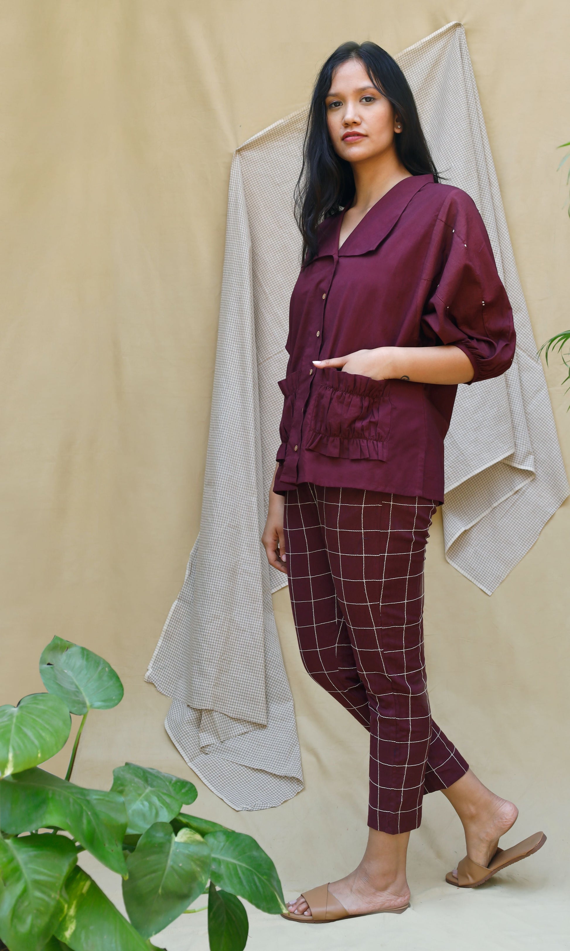 Maroon Collar with Pocket Shirt by Chambray & Co. with Casual Wear, Echo, Hand Spun Cotton, Natural, Purple, Regular Fit, Render by Chambray & Co., Shirts, Solids, Tops, Womenswear at Kamakhyaa for sustainable fashion