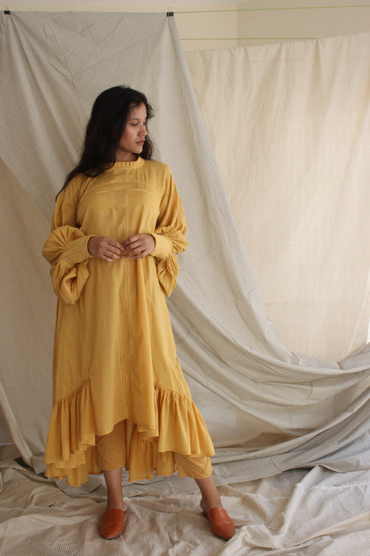 Yellow Ruffled Full Sleeves Dress by Chambray & Co. with Casual Wear, Cotton, Midi Dresses, Natural, Regular Fit, Ruffle Dresses, Solids, Tiered Dresses, Womenswear, Yellow at Kamakhyaa for sustainable fashion