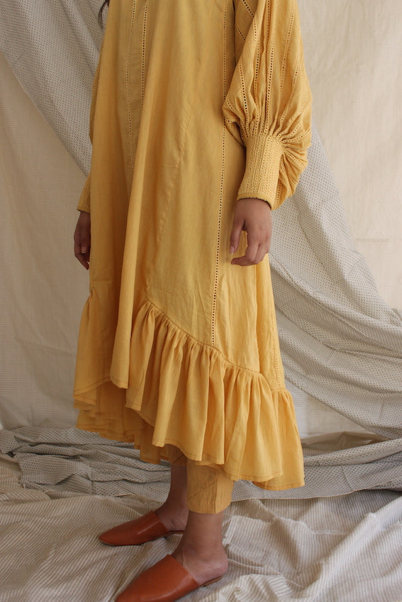 Yellow Ruffled Full Sleeves Dress by Chambray & Co. with Casual Wear, Cotton, Midi Dresses, Natural, Regular Fit, Ruffle Dresses, Solids, Tiered Dresses, Womenswear, Yellow at Kamakhyaa for sustainable fashion