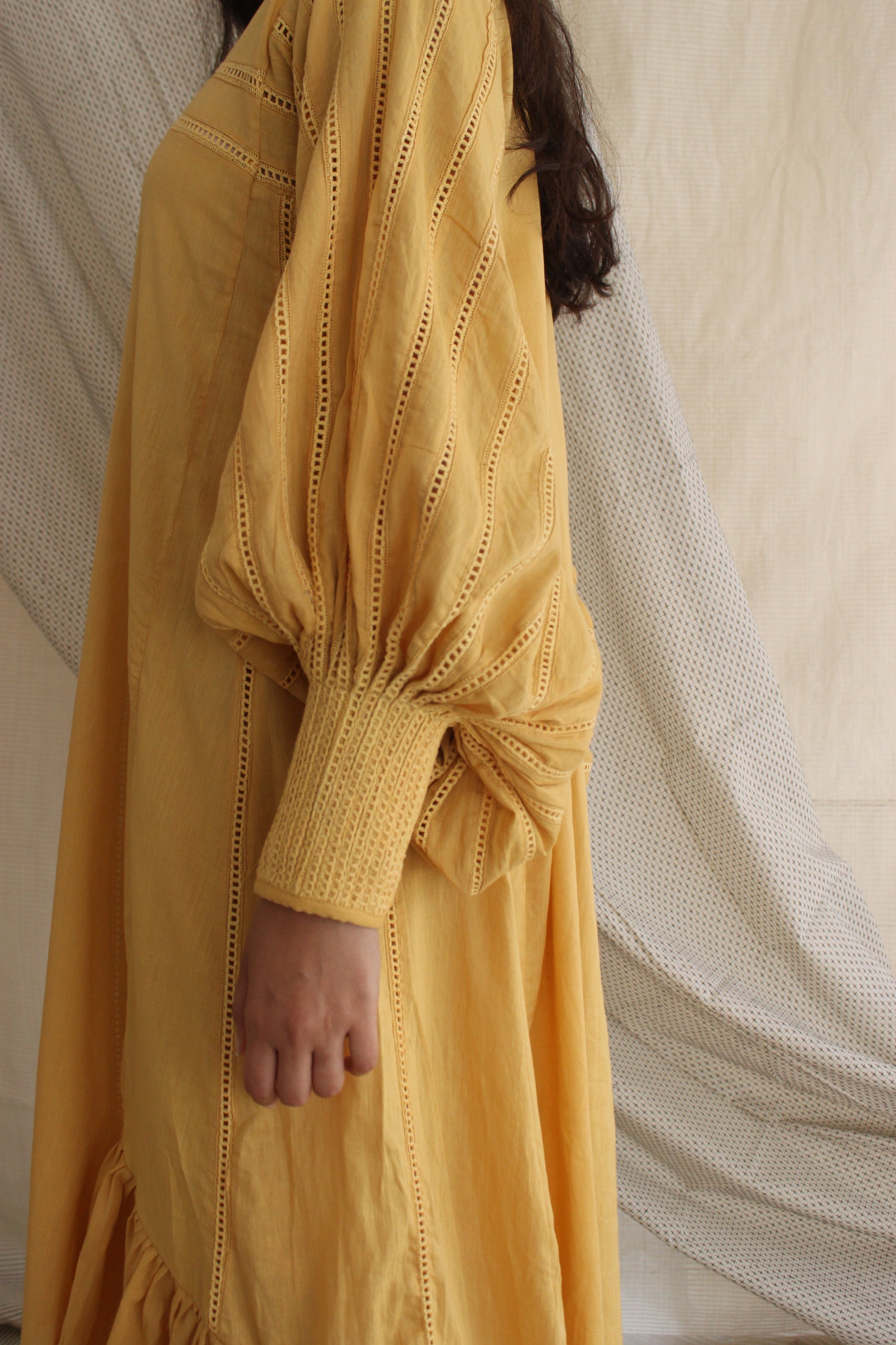 Yellow Ruffled Full Sleeves Dress by Chambray & Co. with Casual Wear, Cotton, Midi Dresses, Natural, Regular Fit, Ruffle Dresses, Solids, Tiered Dresses, Womenswear, Yellow at Kamakhyaa for sustainable fashion