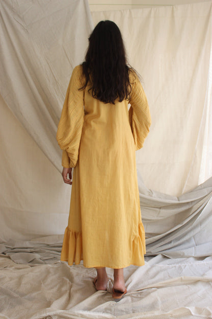 Yellow Ruffled Full Sleeves Dress by Chambray & Co. with Casual Wear, Cotton, Midi Dresses, Natural, Regular Fit, Ruffle Dresses, Solids, Tiered Dresses, Womenswear, Yellow at Kamakhyaa for sustainable fashion