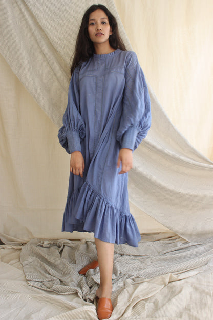 Blue Ruffle Full Sleeves Dress by Chambray & Co. with Blue, Casual Wear, Cotton, Midi Dresses, Natural, Regular Fit, Ruffle Dresses, Solids, Tiered Dresses, Womenswear at Kamakhyaa for sustainable fashion