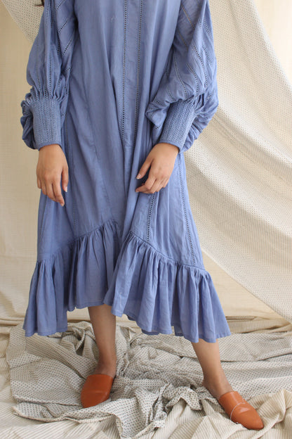 Blue Ruffle Full Sleeves Dress by Chambray & Co. with Blue, Casual Wear, Cotton, Midi Dresses, Natural, Regular Fit, Ruffle Dresses, Solids, Tiered Dresses, Womenswear at Kamakhyaa for sustainable fashion