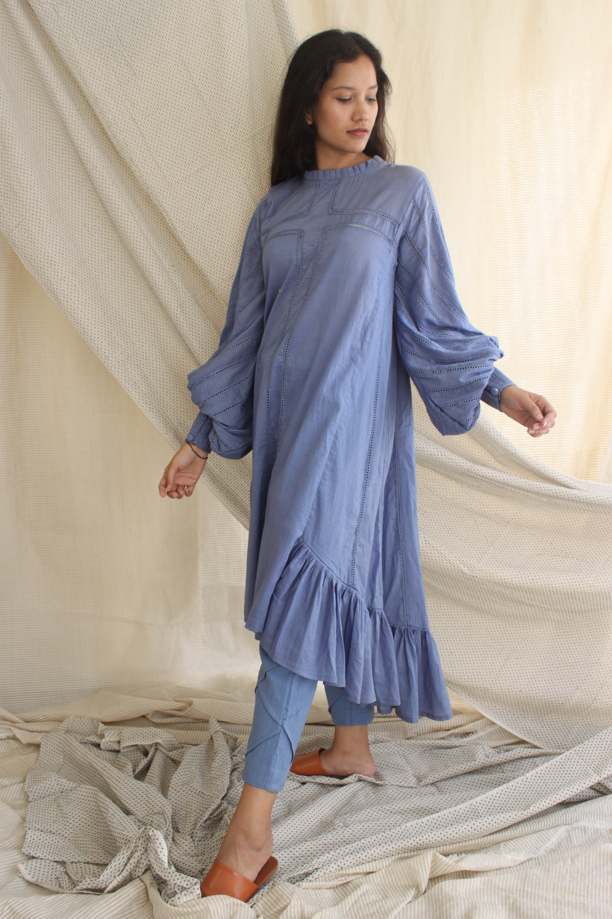 Blue Ruffle Full Sleeves Dress by Chambray & Co. with Blue, Casual Wear, Cotton, Midi Dresses, Natural, Regular Fit, Ruffle Dresses, Solids, Tiered Dresses, Womenswear at Kamakhyaa for sustainable fashion