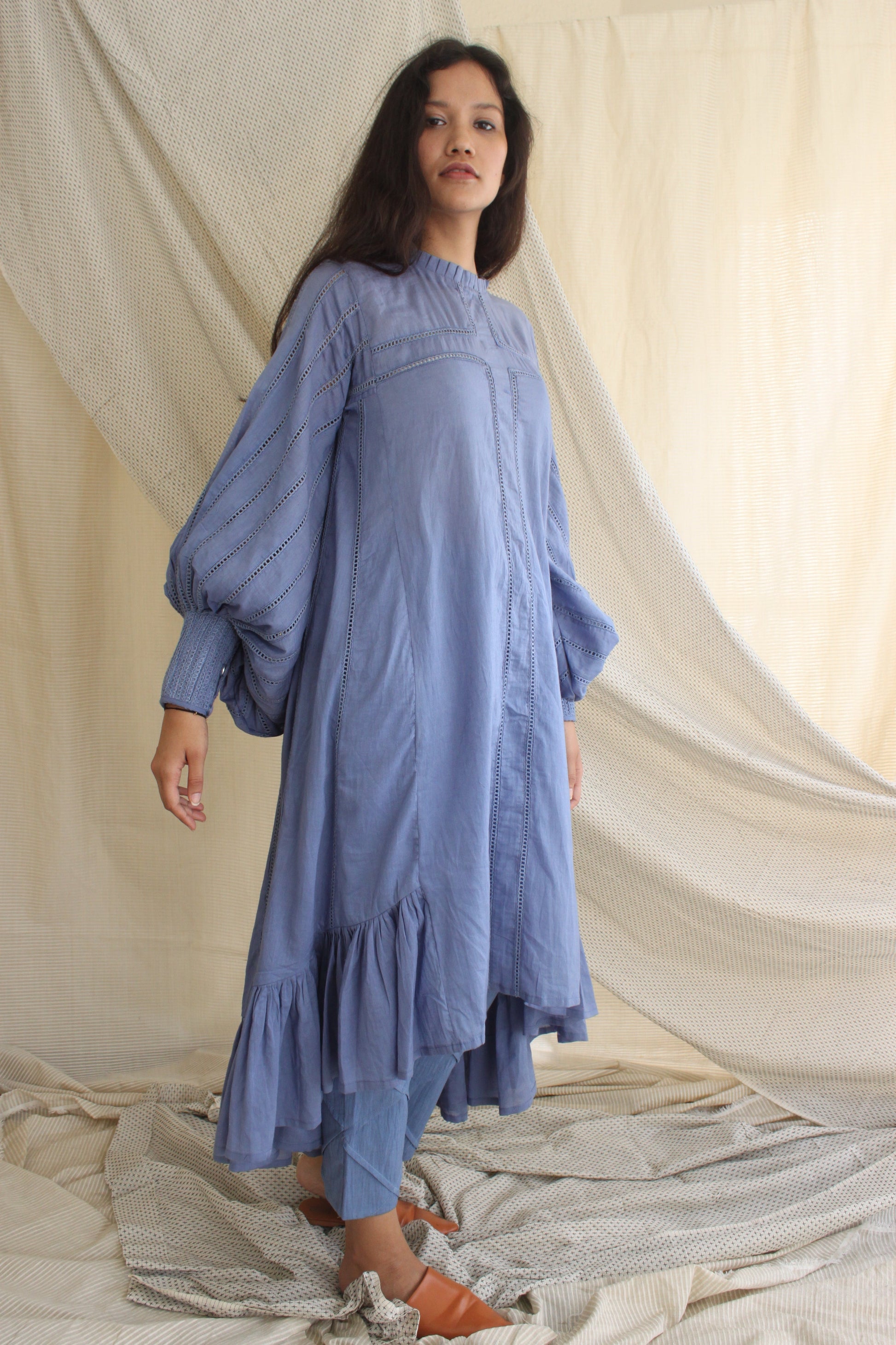 Blue Ruffle Full Sleeves Dress by Chambray & Co. with Blue, Casual Wear, Cotton, Midi Dresses, Natural, Regular Fit, Ruffle Dresses, Solids, Tiered Dresses, Womenswear at Kamakhyaa for sustainable fashion