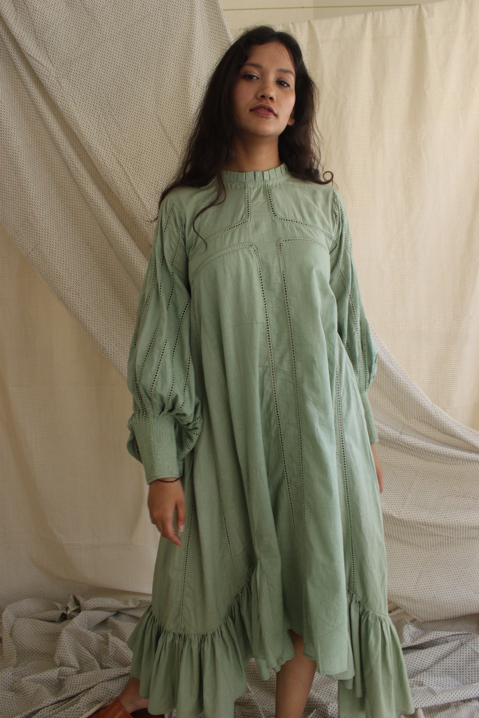 Green Ruffled Full Sleeves Dress by Chambray & Co. with Casual Wear, Cotton, Green, Midi Dresses, Natural, Regular Fit, Ruffle Dresses, Solid Selfmade, Solids, Tiered Dresses, Womenswear at Kamakhyaa for sustainable fashion