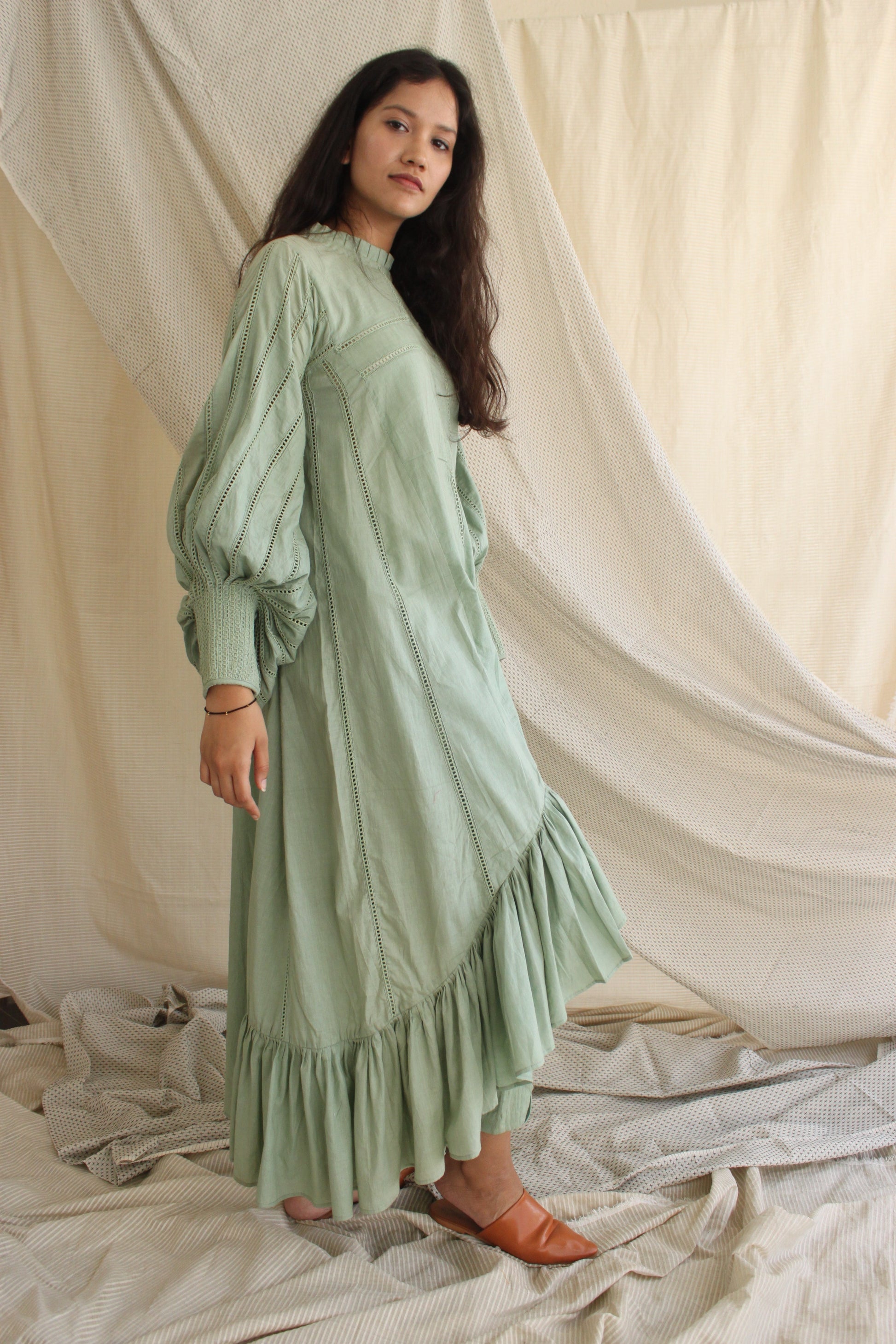 Green Ruffled Full Sleeves Dress by Chambray & Co. with Casual Wear, Cotton, Green, Midi Dresses, Natural, Regular Fit, Ruffle Dresses, Solid Selfmade, Solids, Tiered Dresses, Womenswear at Kamakhyaa for sustainable fashion