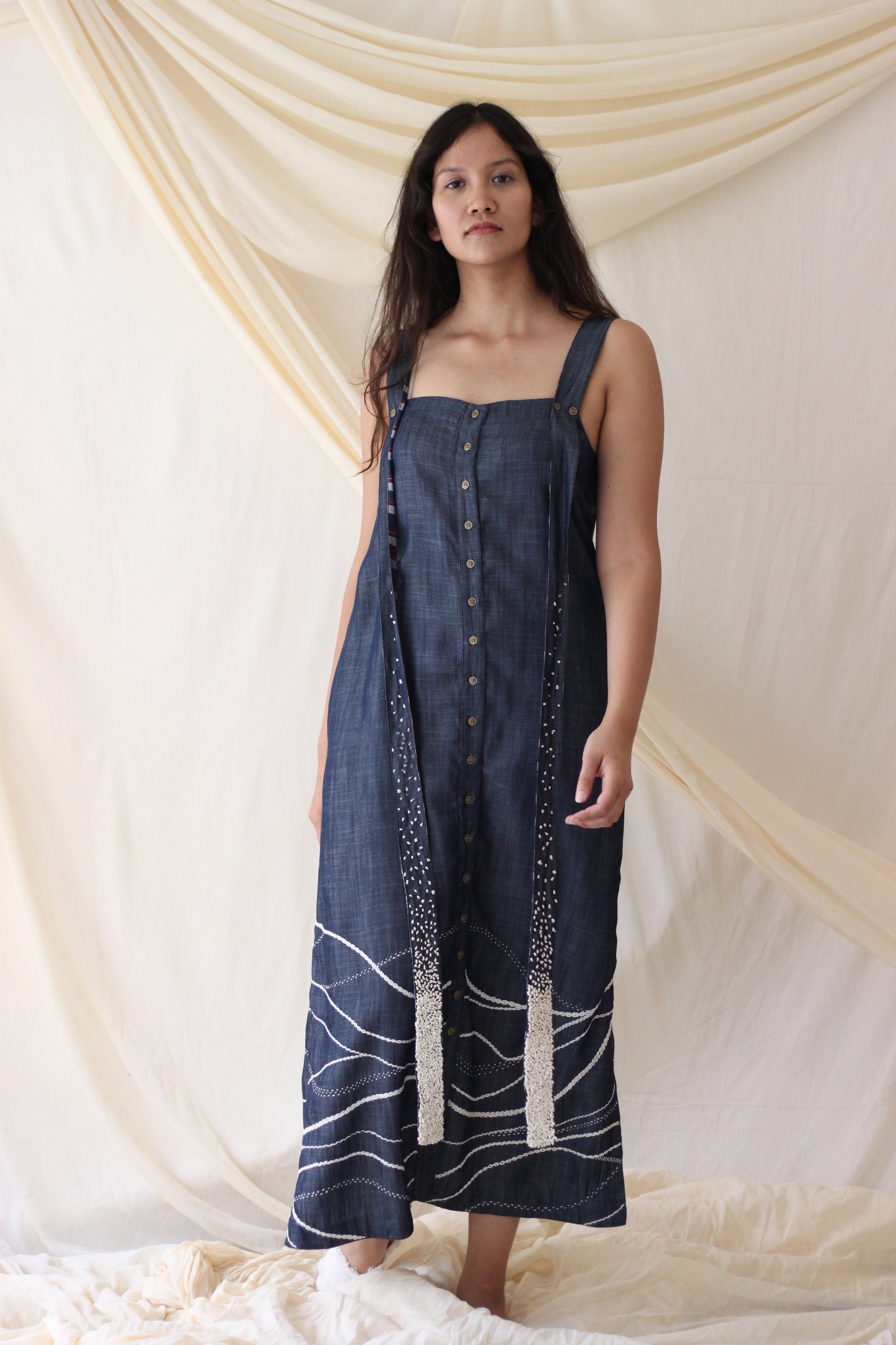 Blue Strap Embroidered Midi Dress by Chambray & Co. with Best Selling, Blue, Casual Wear, Cotton, Midi Dresses, Natural, Regular Fit, Solids, Tencel, Womenswear at Kamakhyaa for sustainable fashion