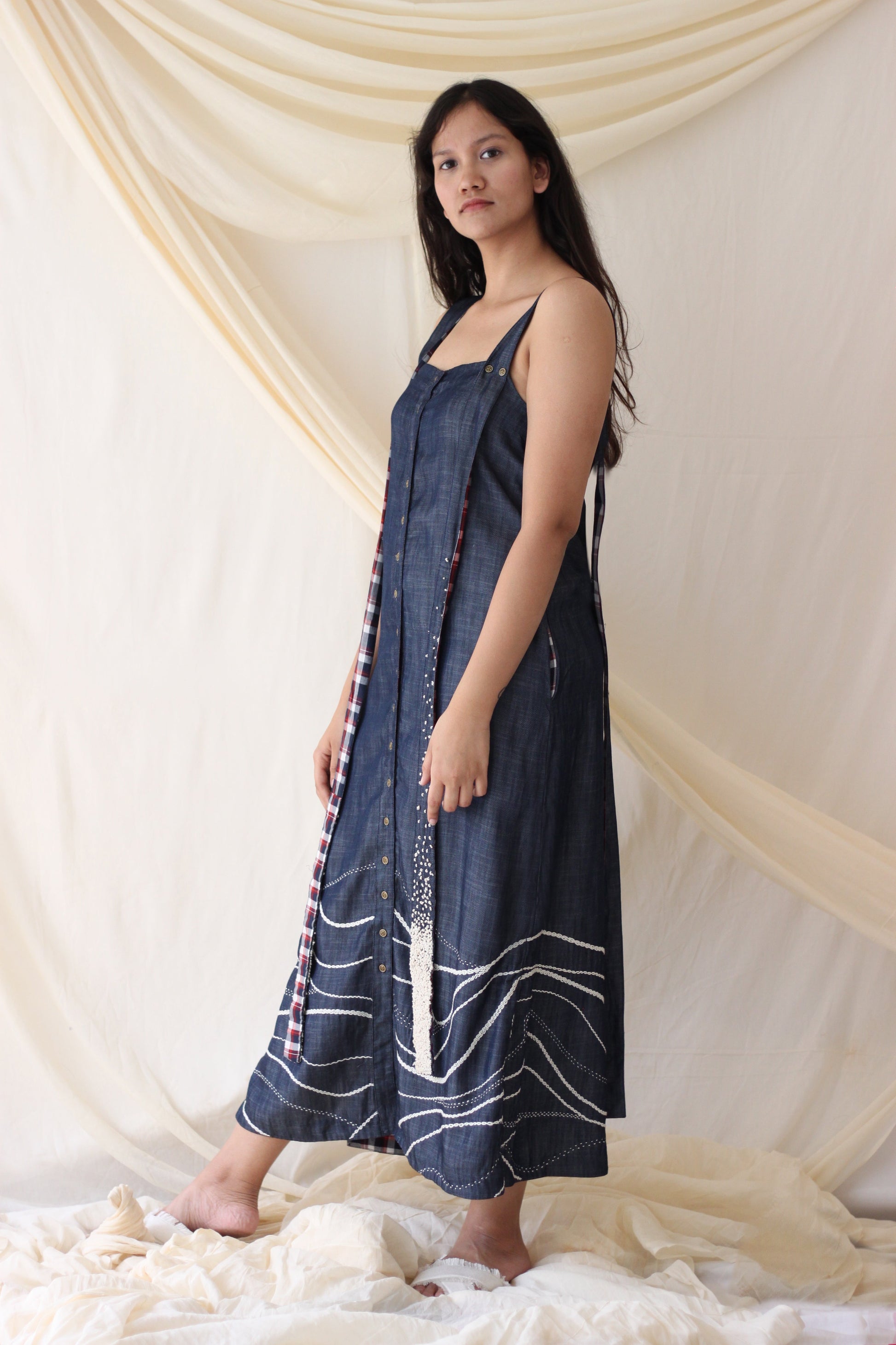 Blue Strap Embroidered Midi Dress by Chambray & Co. with Best Selling, Blue, Casual Wear, Cotton, Midi Dresses, Natural, Regular Fit, Solids, Tencel, Womenswear at Kamakhyaa for sustainable fashion