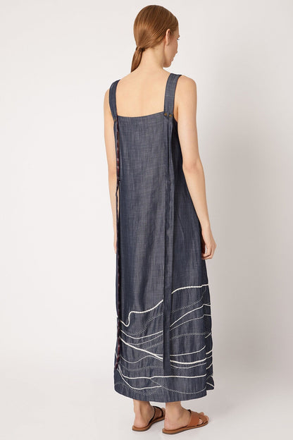 Blue Strap Embroidered Midi Dress by Chambray & Co. with Best Selling, Blue, Casual Wear, Cotton, Midi Dresses, Natural, Regular Fit, Solids, Tencel, Womenswear at Kamakhyaa for sustainable fashion