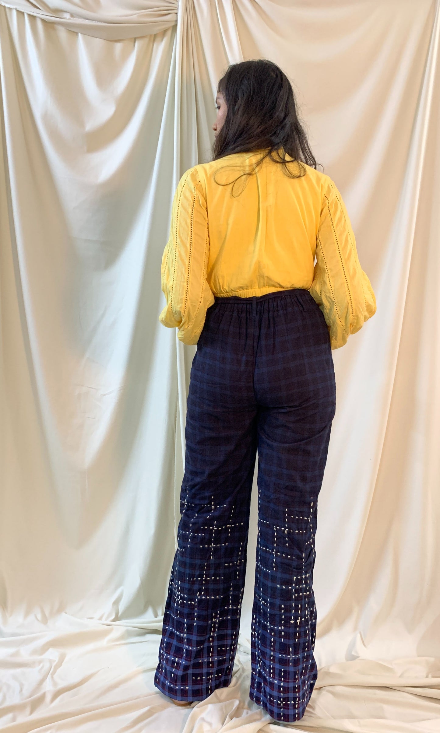 Dark Blue Embroidered Pants by Chambray & Co. with Blue, Casual Wear, Checks, Cotton, Embroidered, Natural, Pants, Regular Fit, Womenswear at Kamakhyaa for sustainable fashion
