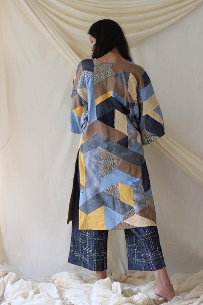 Blue Patchwork Shrug by Chambray & Co. with Blue, Brown, Casual Wear, Cotton, Natural, Patchwork, Regular Fit, Shrugs, Tencel, Womenswear, Yellow at Kamakhyaa for sustainable fashion