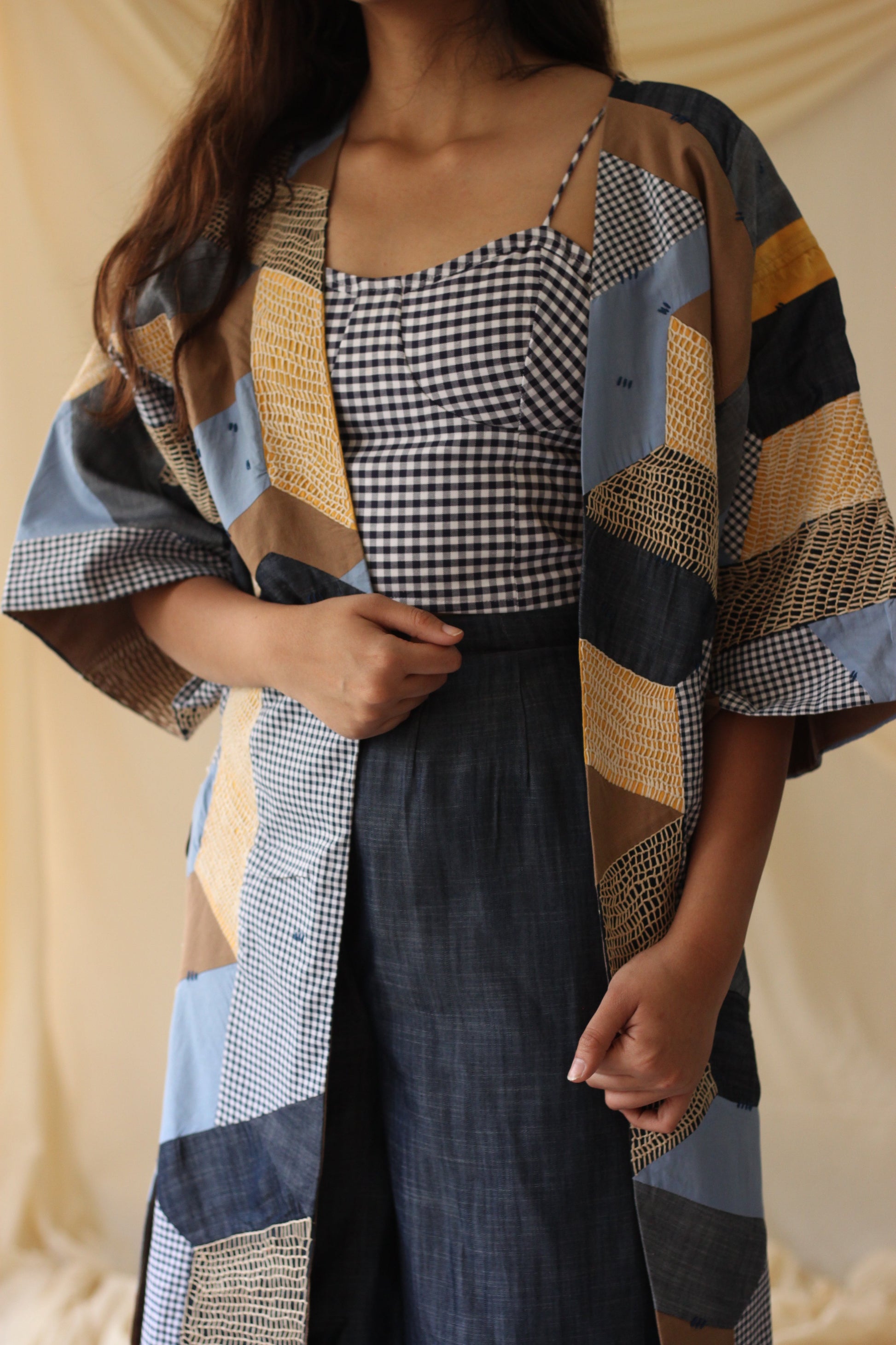 Blue Patchwork Shrug by Chambray & Co. with Blue, Brown, Casual Wear, Cotton, Natural, Patchwork, Regular Fit, Shrugs, Tencel, Womenswear, Yellow at Kamakhyaa for sustainable fashion