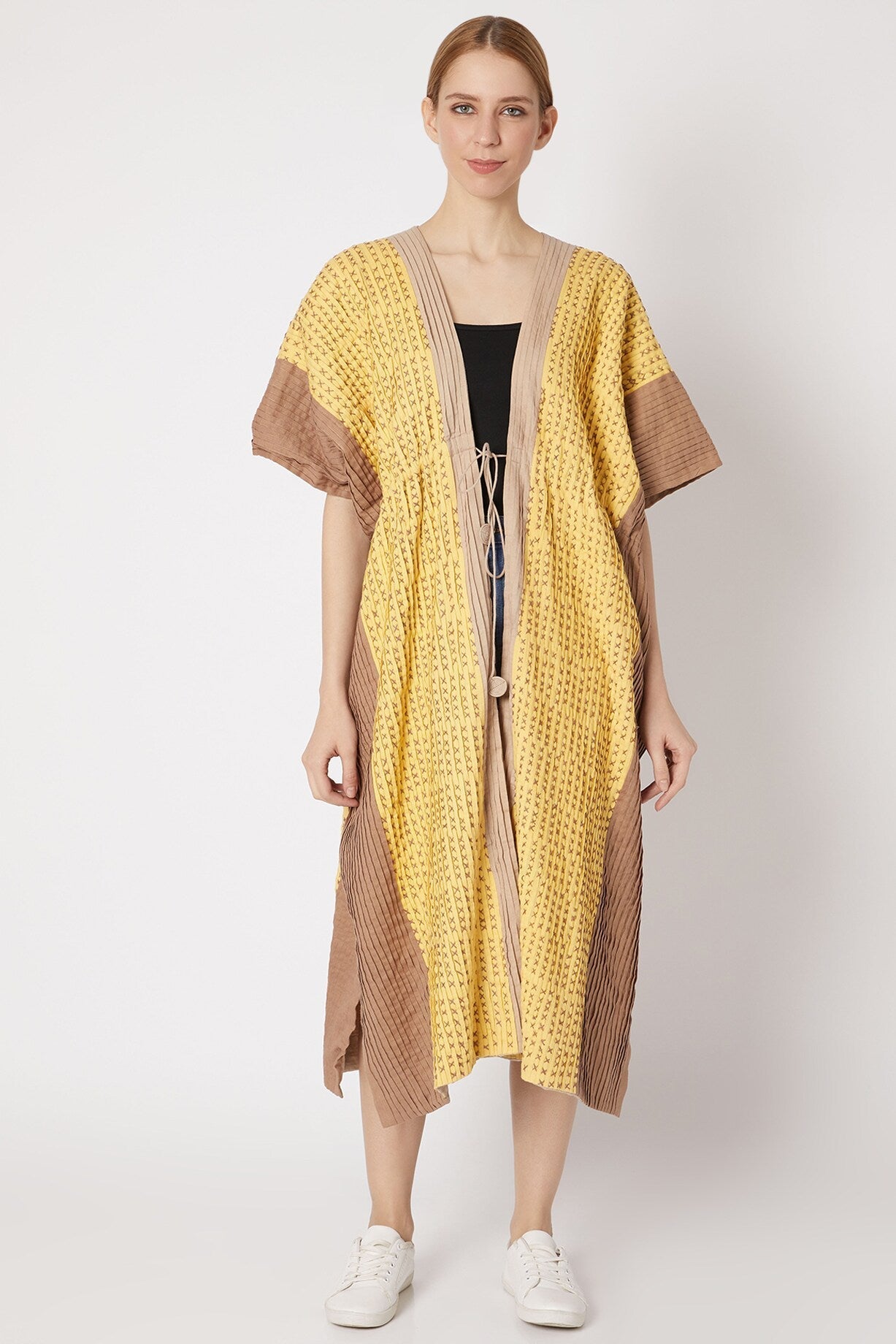 Yellow Embroidered Shrug by Chambray & Co. with Casual Wear, Cotton, Natural, Regular Fit, Shrugs, Solids, Womenswear, Yellow at Kamakhyaa for sustainable fashion