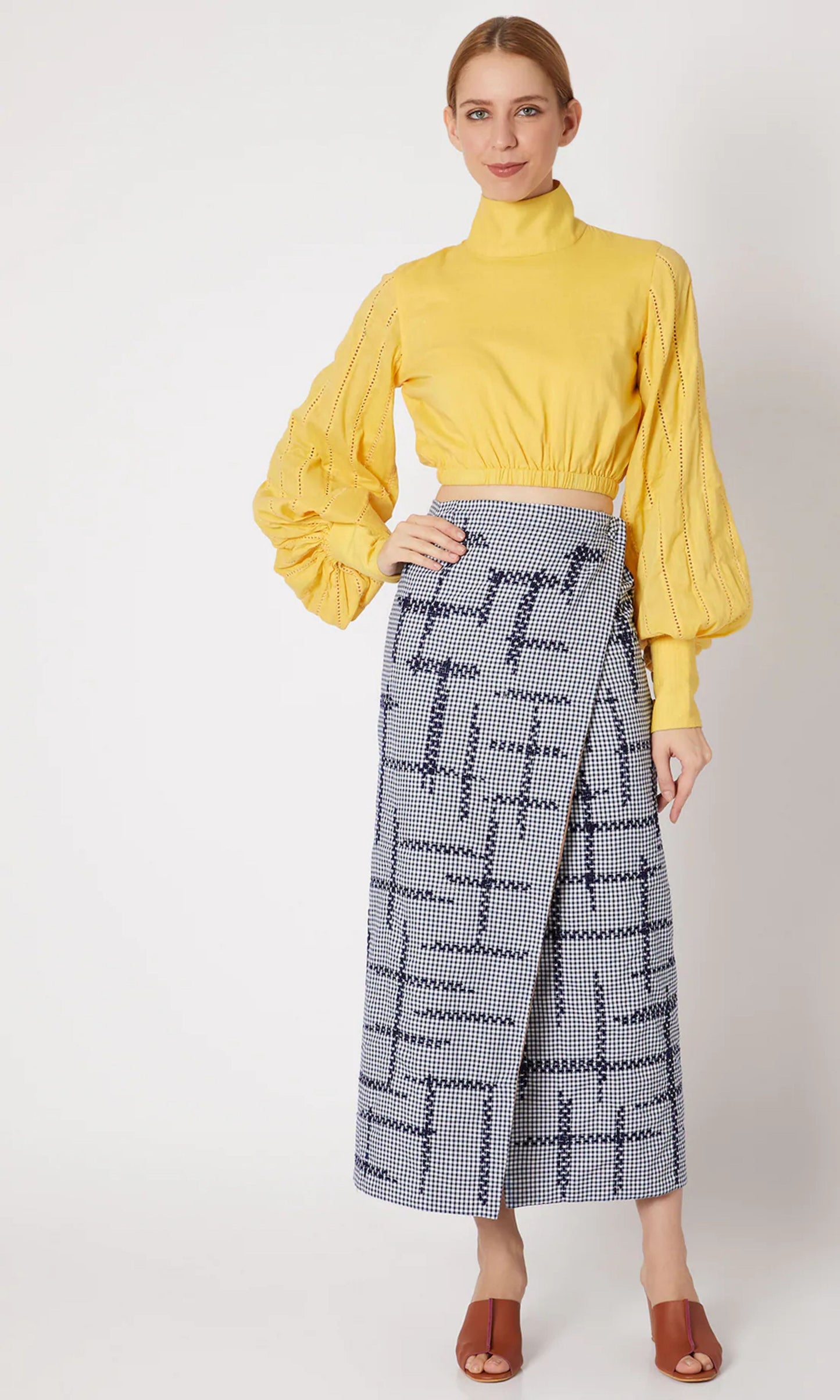 Blue Reversible Wrap Skirt by Chambray & Co. with Blue, Brown, Casual Wear, Checks, Cotton, Midi Skirts, Natural, Regular Fit, Reversible, Skirts, Tencel, White, Womenswear at Kamakhyaa for sustainable fashion