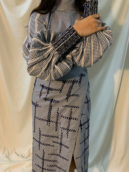 Blue Full Sleeve Check Cord Set by Chambray & Co. with Best Selling, Blue, Casual Wear, Checks, Co-ord Sets, Cotton, Natural, Regular Fit, Skirt Sets, Tencel, Vacation Co-ords, White, Womenswear at Kamakhyaa for sustainable fashion