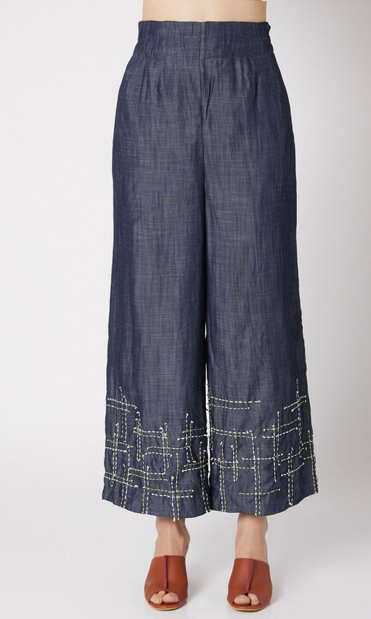 Blue Embroidered Pants by Chambray & Co. with Blue, Casual Wear, Cotton, Embroidered, Fitted At Waist, Natural, Pants, Solids, Tencel, Womenswear at Kamakhyaa for sustainable fashion