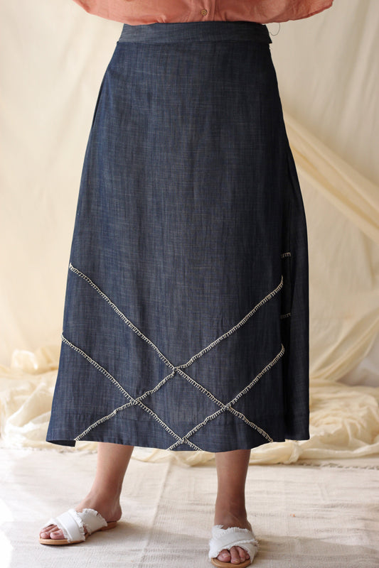 Blue Skirt Embroidered Denim by Chambray & Co. with Blue, Casual Wear, Cotton, Embroidered, Fitted At Waist, For Siblings, Midi Skirts, Natural, Skirts, Solids, Tencel, Womenswear at Kamakhyaa for sustainable fashion