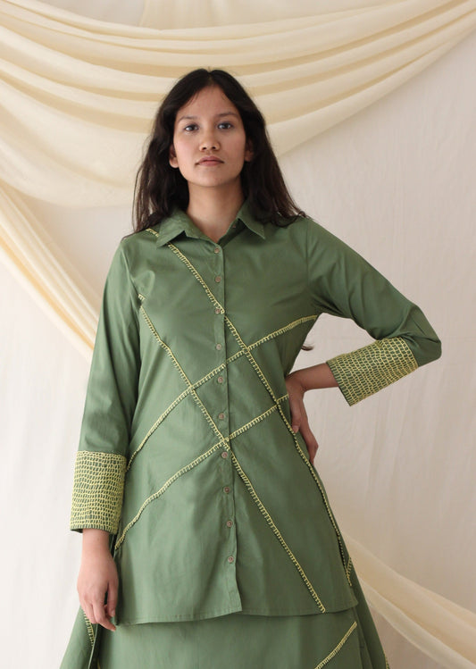 Green Embroidered Shirt by Chambray & Co. with Casual Wear, Cotton, Green, Natural, Regular Fit, Shirts, Solids, Tops, Womenswear at Kamakhyaa for sustainable fashion