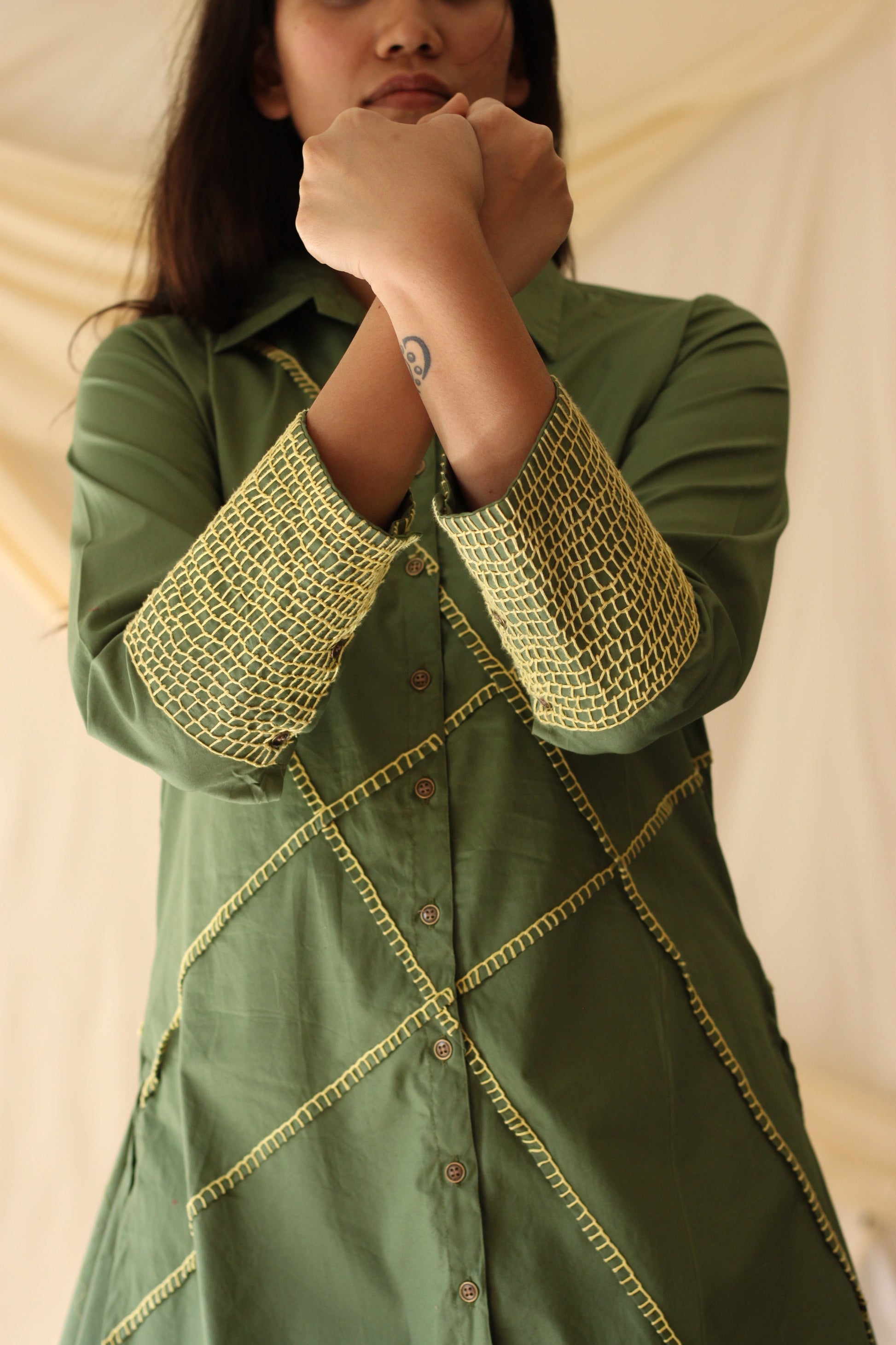 Green Embroidered Shirt by Chambray & Co. with Casual Wear, Cotton, Green, Natural, Regular Fit, Shirts, Solids, Tops, Womenswear at Kamakhyaa for sustainable fashion