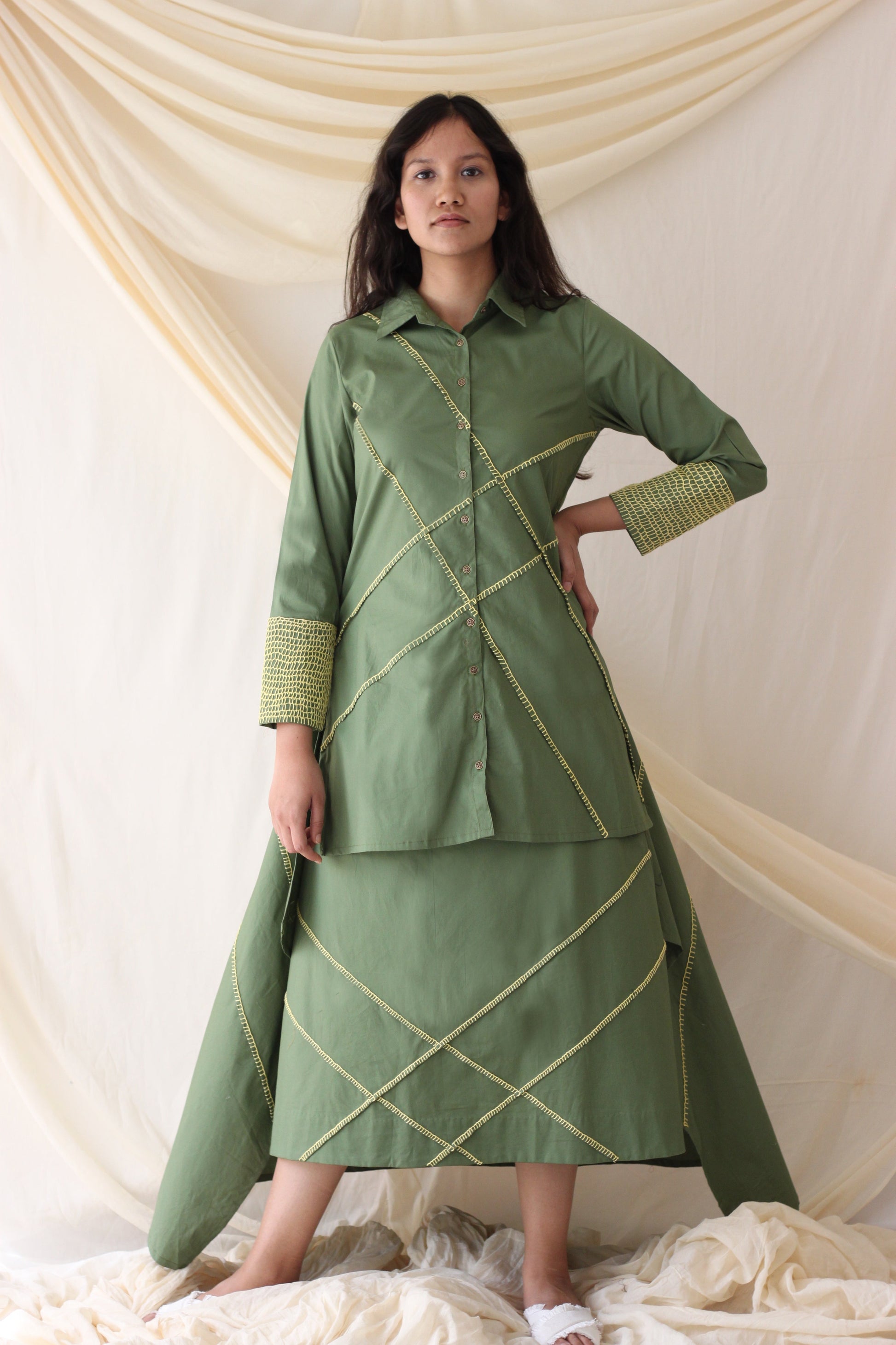 Green Shirt With Skirt Cotton Complete Set Sets Co-ord Sets, Cotton, Green, Regular Fit, Solids Chambray & Co. Kamakhyaa