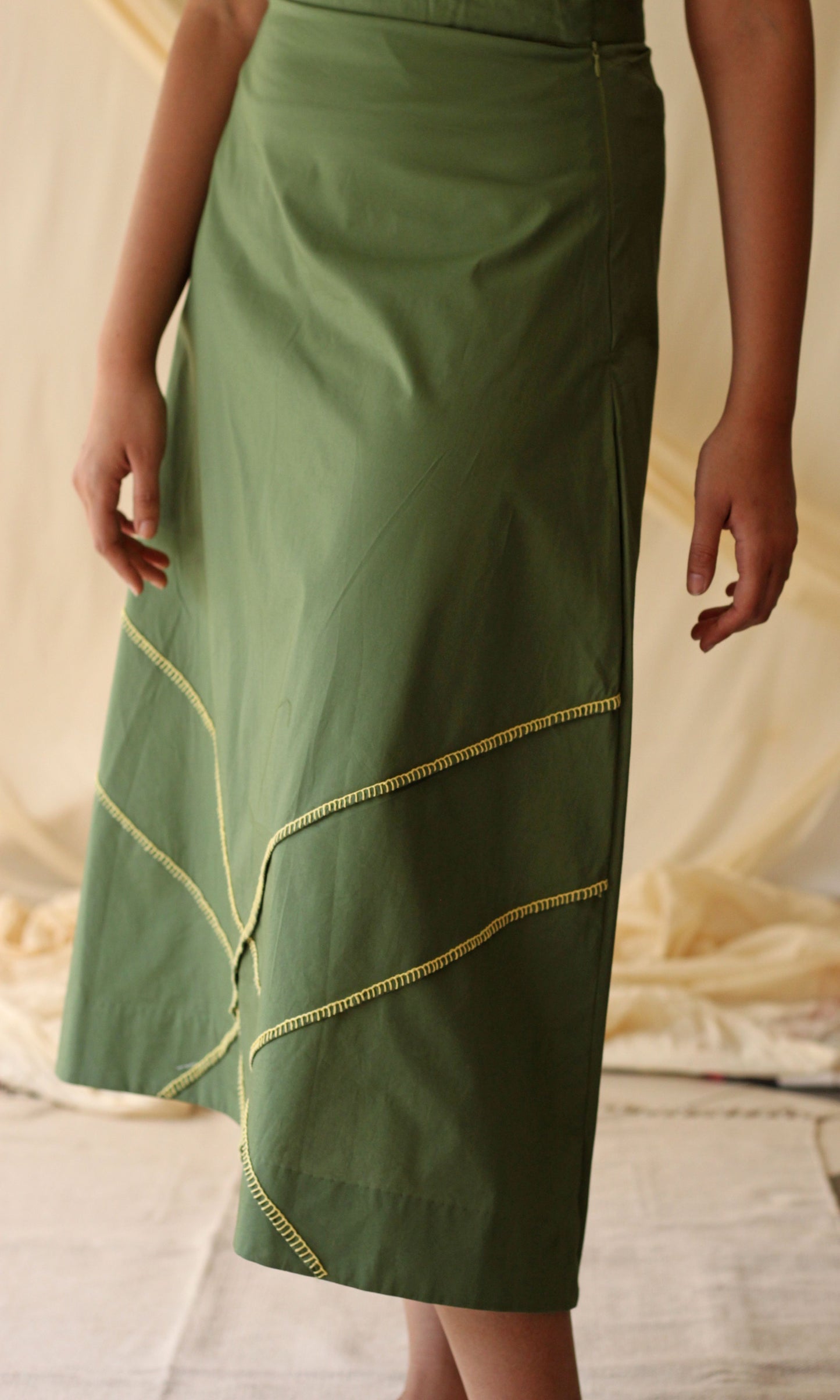 Green Embroidered Cotton Skirt by Chambray & Co. with Casual Wear, Cotton, Embroidered, Green, Midi Skirts, Natural, Regular Fit, Skirts, Solids, Womenswear at Kamakhyaa for sustainable fashion