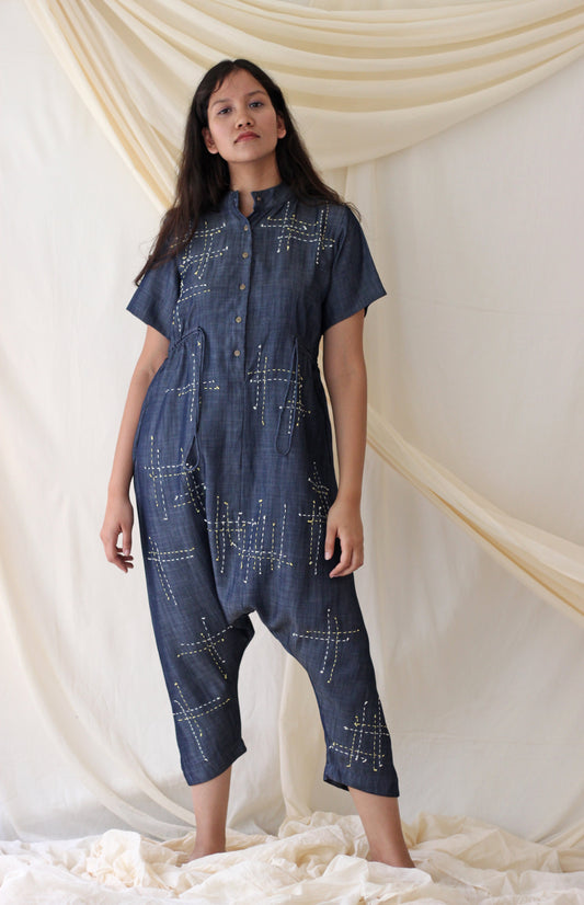 Blue Embroidered Jumpsuit by Chambray & Co. with Blue, Casual Wear, Cotton, Embroidered, Jumpsuits, Natural, Regular Fit, Tencel, Womenswear at Kamakhyaa for sustainable fashion