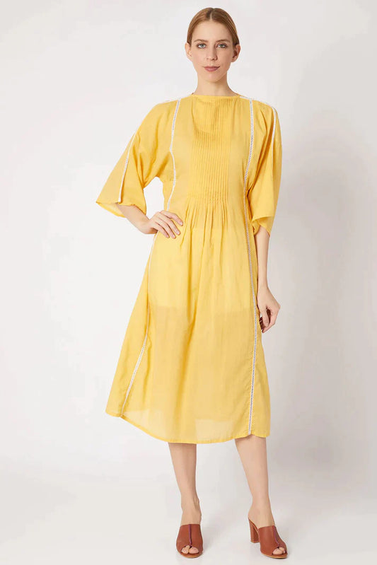 Yellow 3/4th Sleeve Midi Dress by Chambray & Co. with Best Selling, Casual Wear, Cotton, Midi Dresses, Natural, Regular Fit, Solids, Womenswear, Yellow at Kamakhyaa for sustainable fashion