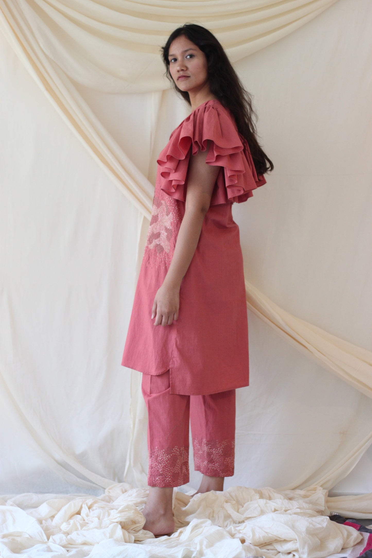 Pink Cotton Ruffled Complete Set by Chambray & Co. with Casual Wear, Co-ord Sets, Cotton, Natural, party, Party Wear Co-ords, Pink, Regular Fit, Solid Selfmade, Solids, Womenswear at Kamakhyaa for sustainable fashion