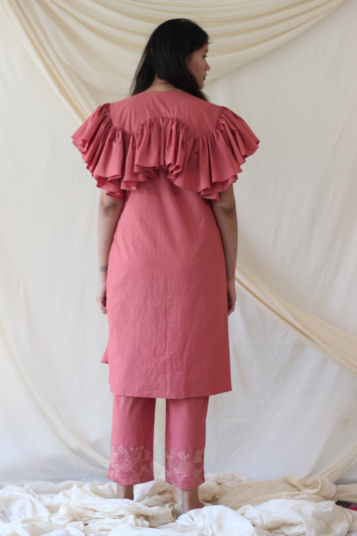 Pink Cotton Ruffled Complete Set by Chambray & Co. with Casual Wear, Co-ord Sets, Cotton, Natural, party, Party Wear Co-ords, Pink, Regular Fit, Solid Selfmade, Solids, Womenswear at Kamakhyaa for sustainable fashion