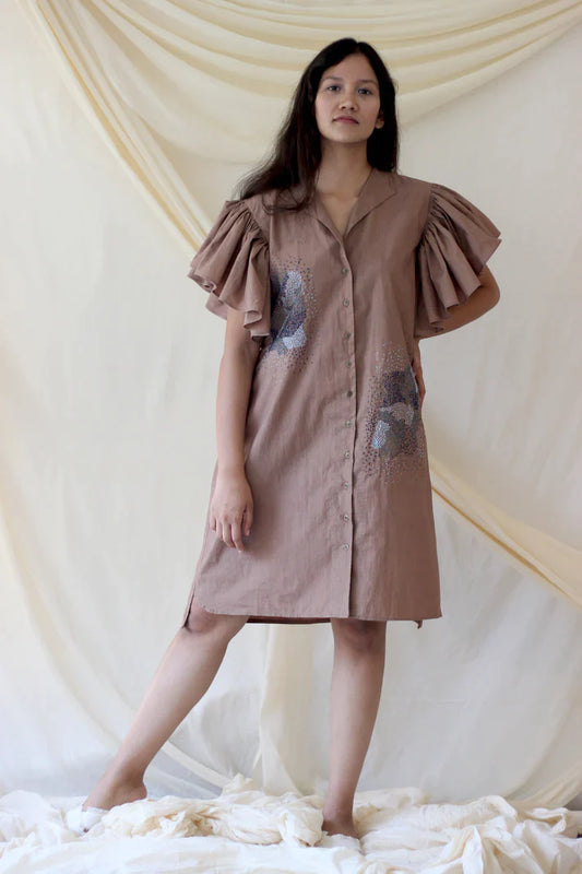 Beige Ruffled Midi Dress by Chambray & Co. with Beige, Casual Wear, Cotton, Mini Dresses, Natural, Regular Fit, Shirt Dresses, Solids, Womenswear at Kamakhyaa for sustainable fashion