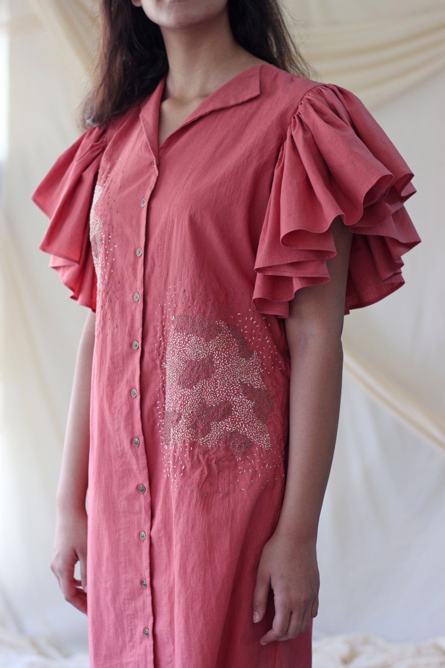 Pink Ruffled Midi Dress by Chambray & Co. with Casual Wear, Cotton, Midi Dresses, Natural, Pink, Regular Fit, Solids, Womenswear at Kamakhyaa for sustainable fashion