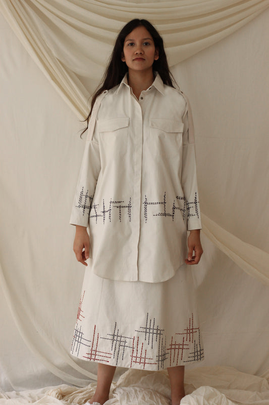 White Embroidered Coord Set by Chambray & Co. with Casual Wear, Co-ord Sets, Cotton, Embroidered, Natural, Purple, Regular Fit, Skirt Sets, Travel, Travel Co-ords, White, Womenswear at Kamakhyaa for sustainable fashion