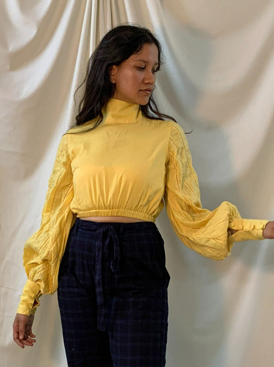 Yellow Full Sleeves Crop Top by Chambray & Co. with Casual Wear, Cotton, Crop Tops, Natural, Regular Fit, Solids, Tops, Womenswear, Yellow at Kamakhyaa for sustainable fashion