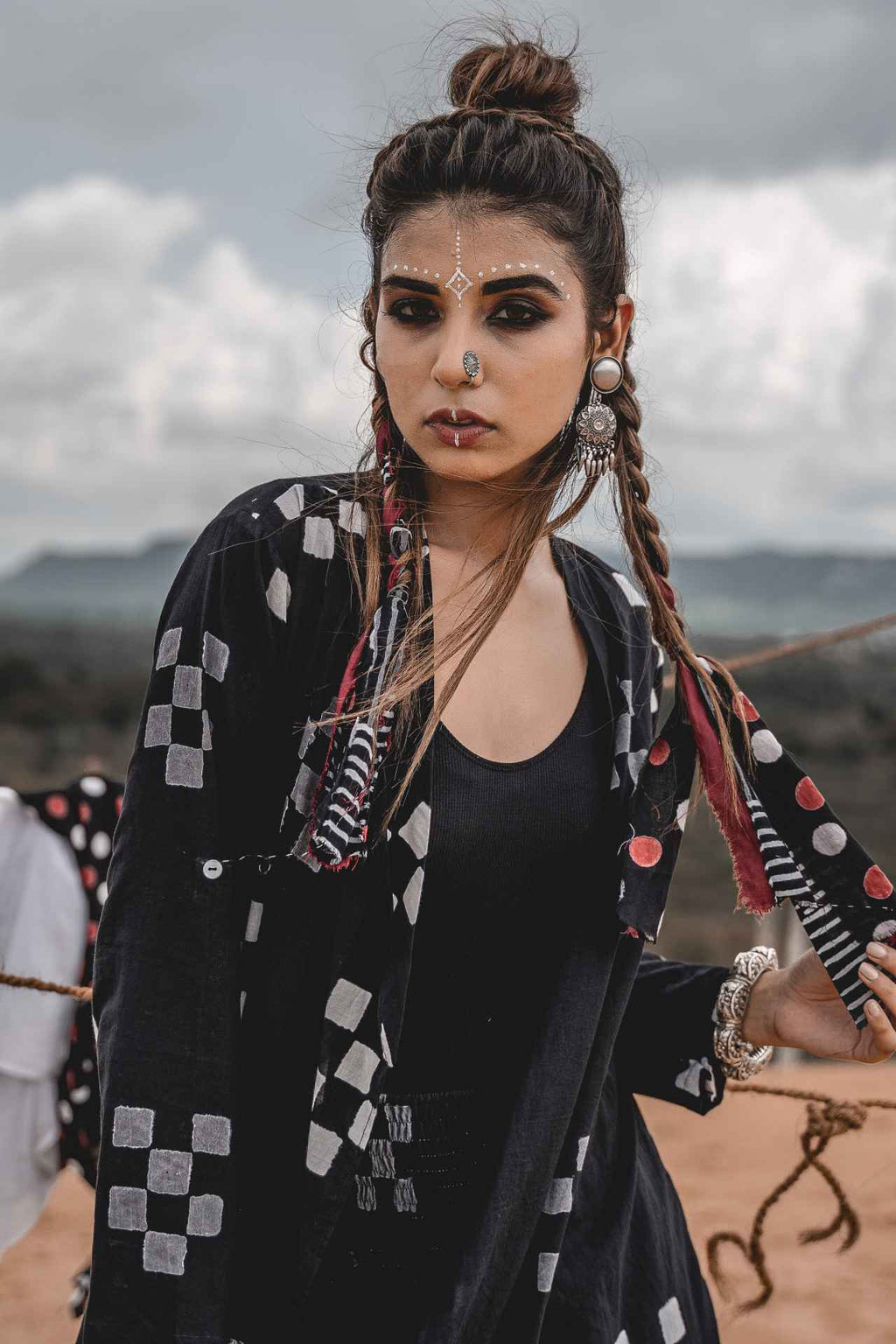 Black Block Printed Cape With Elephant Pants - Set Of 2 by Keva with Black, Block Prints, Cape, Co-ord Sets, Cotton, Natural, Relaxed Fit, Resort Wear, Vacation, Vacation Co-ords, Wild Child, Womenswear at Kamakhyaa for sustainable fashion