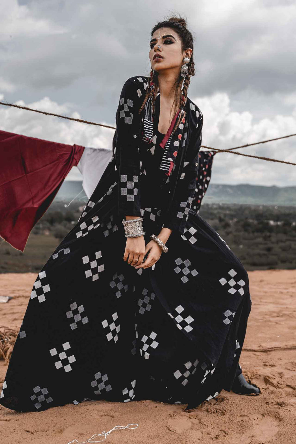 Black Block Printed Cape With Elephant Pants - Set Of 2 by Keva with Black, Block Prints, Cape, Co-ord Sets, Cotton, Natural, Relaxed Fit, Resort Wear, Vacation, Vacation Co-ords, Wild Child, Womenswear at Kamakhyaa for sustainable fashion