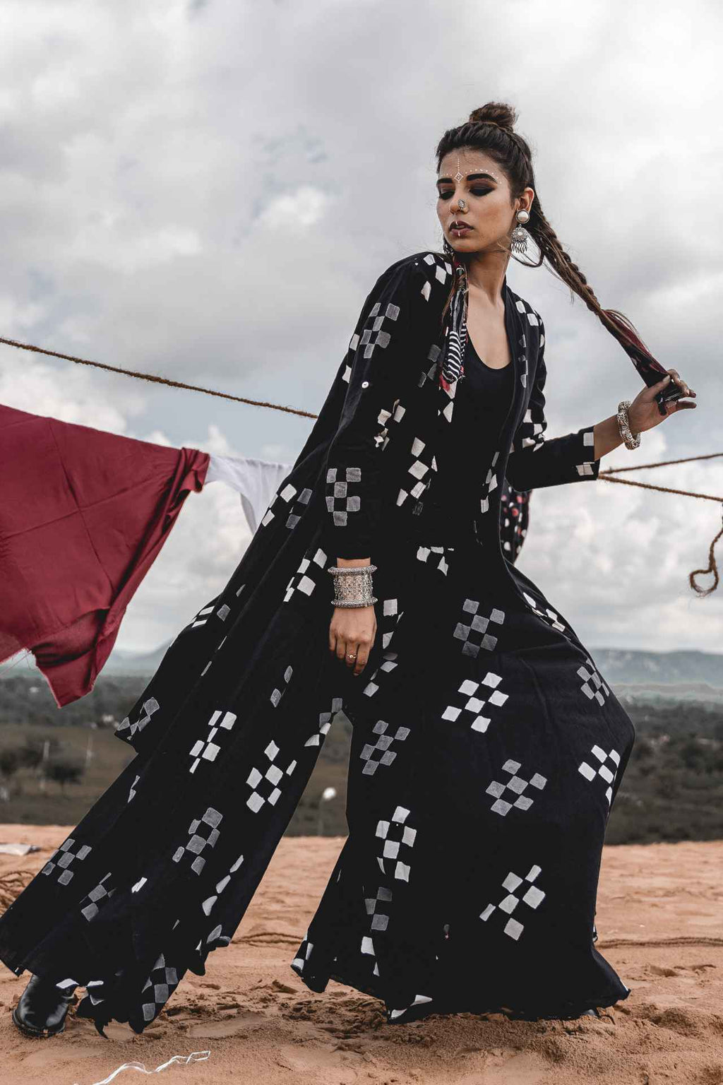 Black Block Printed Cape With Elephant Pants - Set Of 2 by Keva with Black, Block Prints, Cape, Co-ord Sets, Cotton, Natural, Relaxed Fit, Resort Wear, Vacation, Vacation Co-ords, Wild Child, Womenswear at Kamakhyaa for sustainable fashion