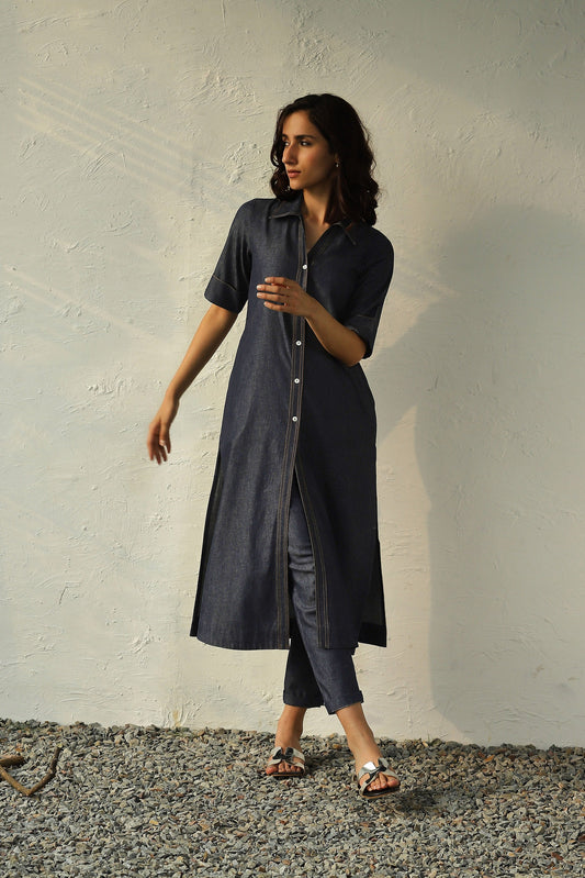 Blue Denim Shirt Tunic Pant Set by Canoopi with Blue, Canoopi, Casual Wear, Cotton, Denim, Indian Wear, Kurta Pant Sets, Natural, Regular Fit, Solids, Womenswear at Kamakhyaa for sustainable fashion