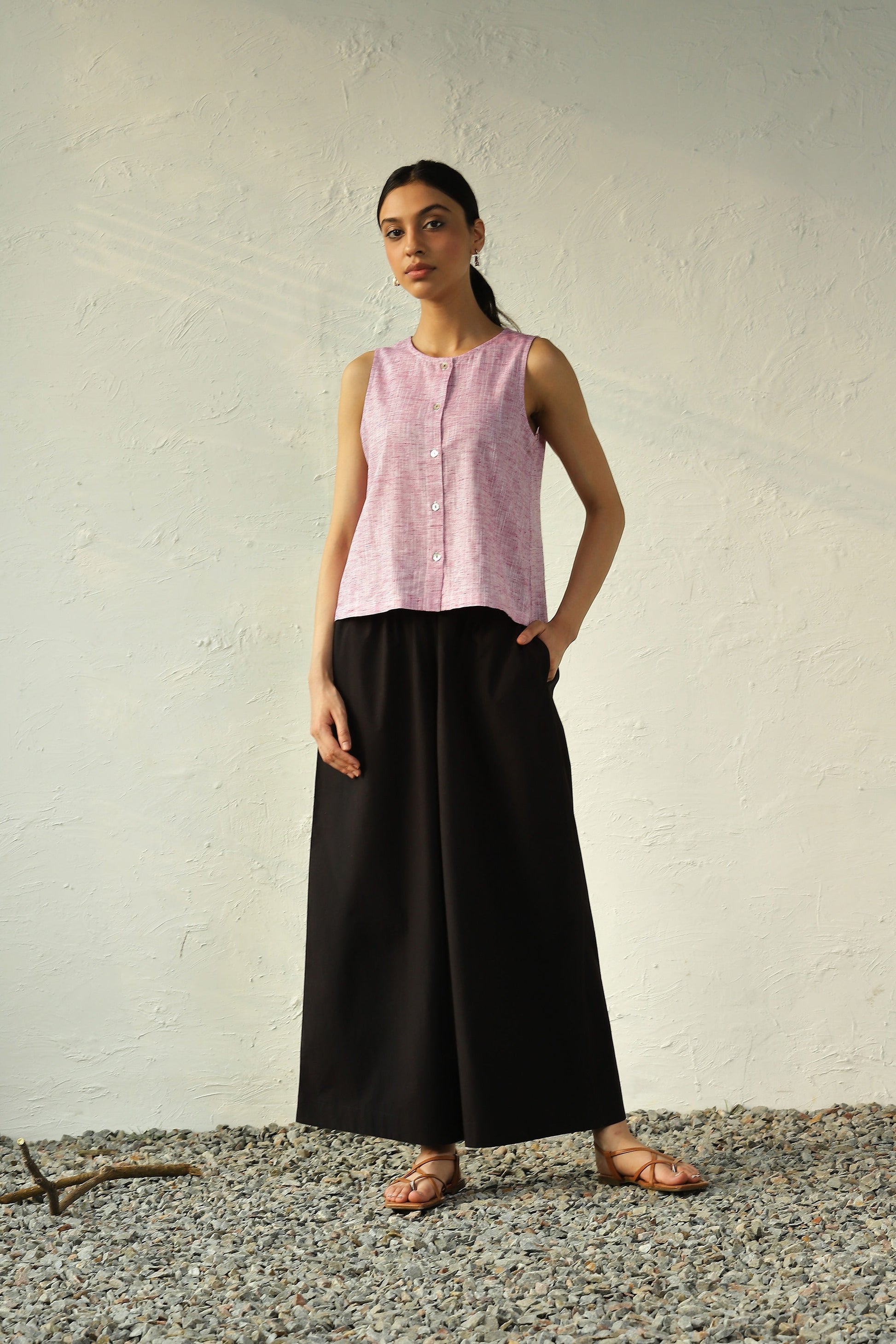 Pink Crop Top With Black Flared Pant Set by Canoopi with Black, Canoopi, Casual Wear, Complete Sets, Khadi, Natural, Pink, Poplin, Regular Fit, Solids, Vacation Co-ords, Womenswear at Kamakhyaa for sustainable fashion