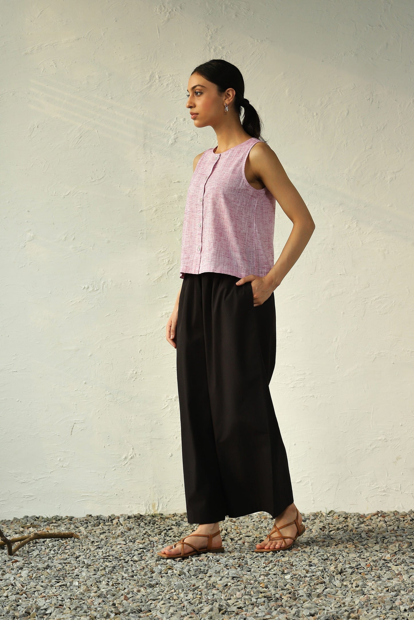 Pink Crop Top With Black Flared Pant Set by Canoopi with Black, Canoopi, Casual Wear, Complete Sets, Khadi, Natural, Pink, Poplin, Regular Fit, Solids, Vacation Co-ords, Womenswear at Kamakhyaa for sustainable fashion