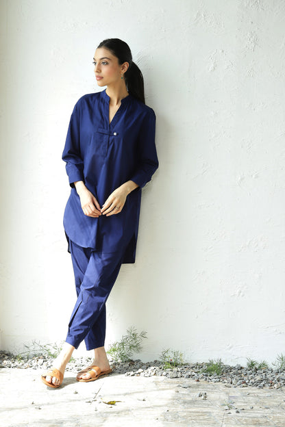 Blue Cotton Co-ord Set With Band Collar by Canoopi with Blue, Canoopi, Casual Wear, Complete Sets, Cotton, Loungewear Co-Ords, Natural, Regular Fit, Solids, Womenswear at Kamakhyaa for sustainable fashion