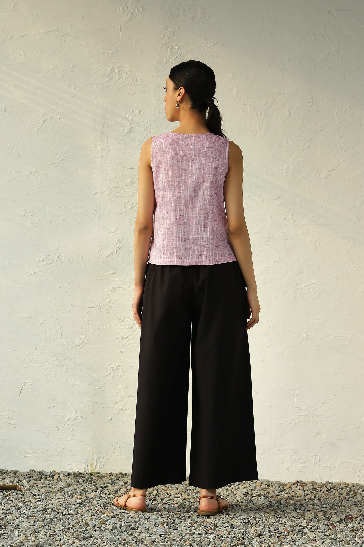 Pink Crop Top With Black Flared Pant Set by Canoopi with Black, Canoopi, Casual Wear, Complete Sets, Khadi, Natural, Pink, Poplin, Regular Fit, Solids, Vacation Co-ords, Womenswear at Kamakhyaa for sustainable fashion