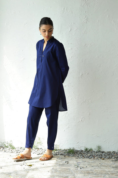 Blue Cotton Co-ord Set With Band Collar by Canoopi with Blue, Canoopi, Casual Wear, Complete Sets, Cotton, Loungewear Co-Ords, Natural, Regular Fit, Solids, Womenswear at Kamakhyaa for sustainable fashion