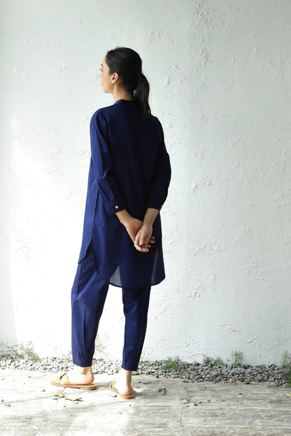 Blue Cotton Co-ord Set With Band Collar by Canoopi with Blue, Canoopi, Casual Wear, Complete Sets, Cotton, Loungewear Co-Ords, Natural, Regular Fit, Solids, Womenswear at Kamakhyaa for sustainable fashion