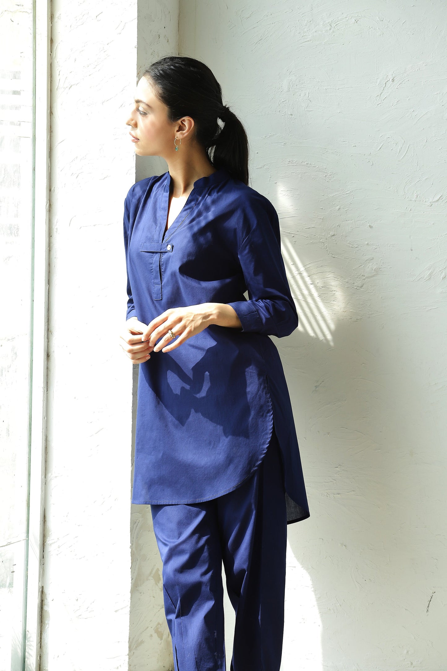 Blue Cotton Co-ord Set With Band Collar by Canoopi with Blue, Canoopi, Casual Wear, Complete Sets, Cotton, Loungewear Co-Ords, Natural, Regular Fit, Solids, Womenswear at Kamakhyaa for sustainable fashion