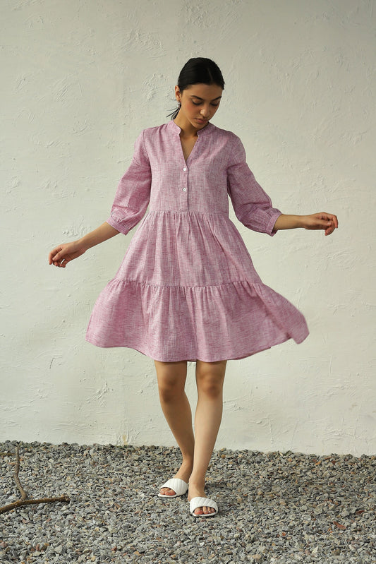 Pink Cotton Tiered Midi Dress by Canoopi with Canoopi, Casual Wear, Dresses, Khadi, Natural, Pink, Regular Fit, Solids, Tiered Dresses, Womenswear at Kamakhyaa for sustainable fashion