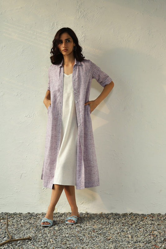 Purple Textured Cotton Shirt Dress by Canoopi with Canoopi, Casual Wear, Dresses, Khadi, Midi Dresses, Natural, Purple, Regular Fit, Solids, White, Womenswear at Kamakhyaa for sustainable fashion