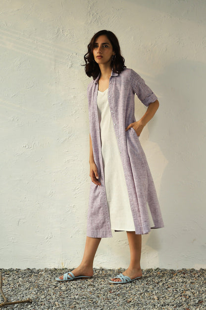 Purple Textured Cotton Shirt Dress by Canoopi with Canoopi, Casual Wear, Dresses, Khadi, Midi Dresses, Natural, Purple, Regular Fit, Solids, White, Womenswear at Kamakhyaa for sustainable fashion