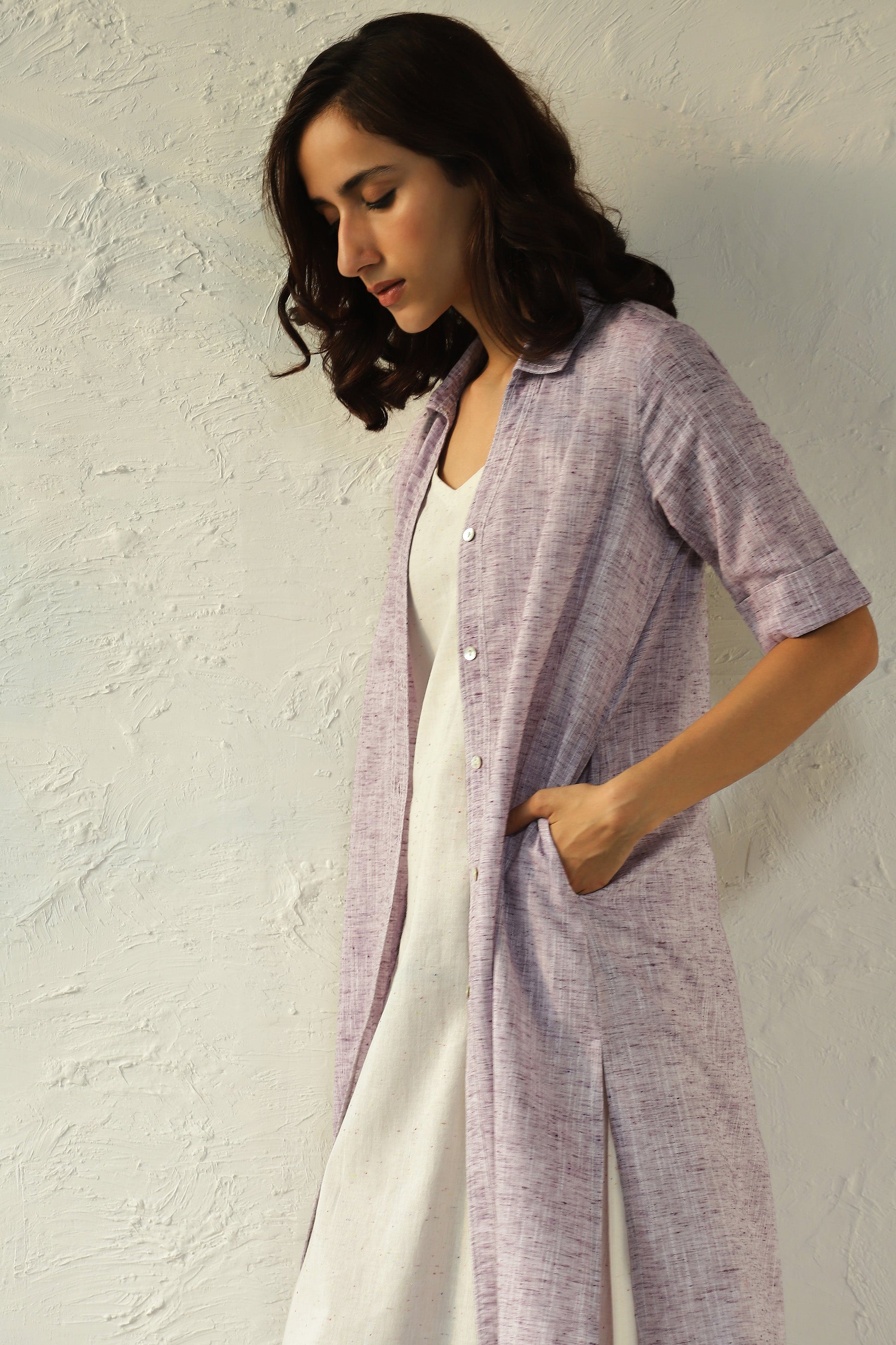 Purple Textured Cotton Shirt Dress by Canoopi with Canoopi, Casual Wear, Dresses, Khadi, Midi Dresses, Natural, Purple, Regular Fit, Solids, White, Womenswear at Kamakhyaa for sustainable fashion